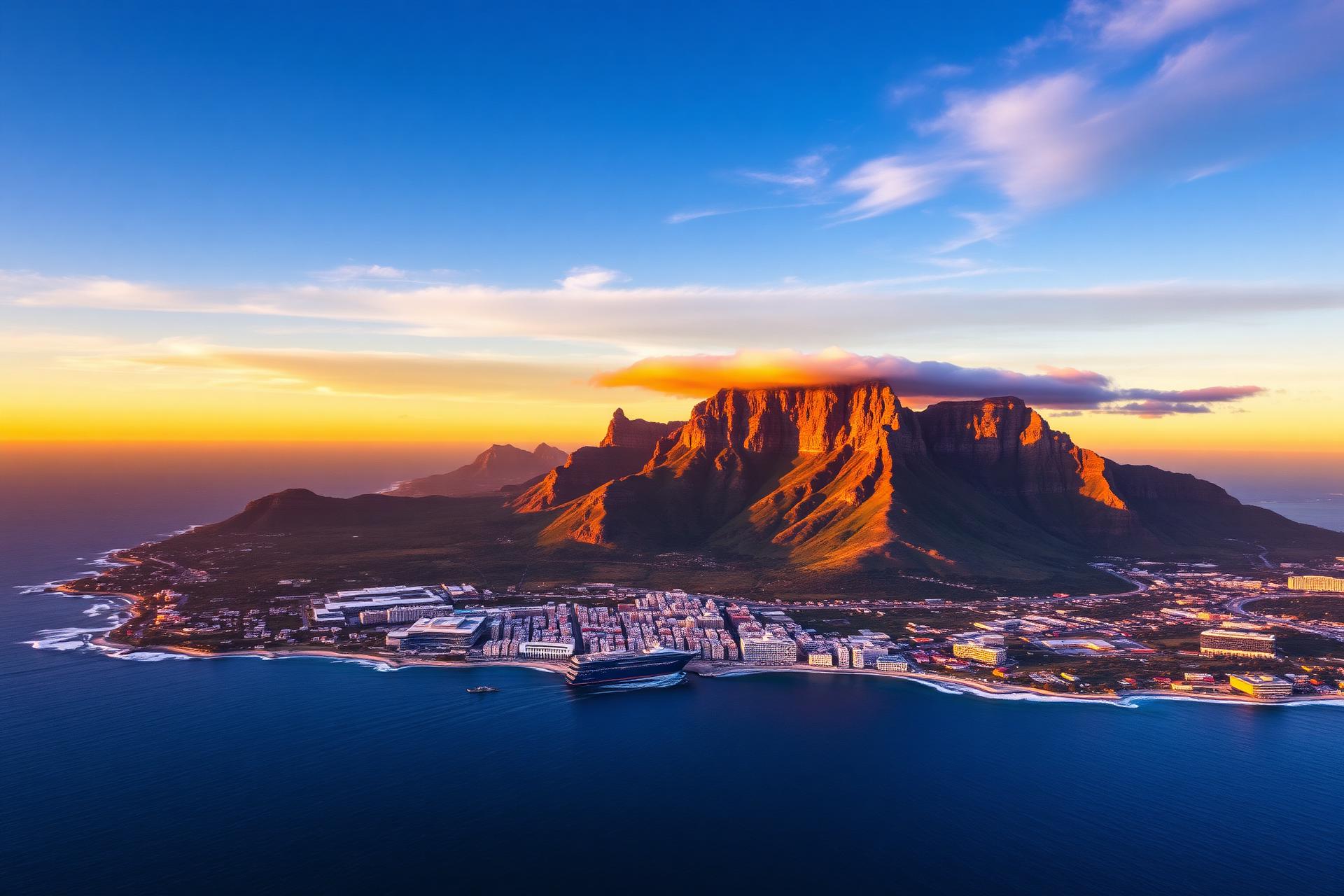 Table Mountain and Cape Town coastline at sunset